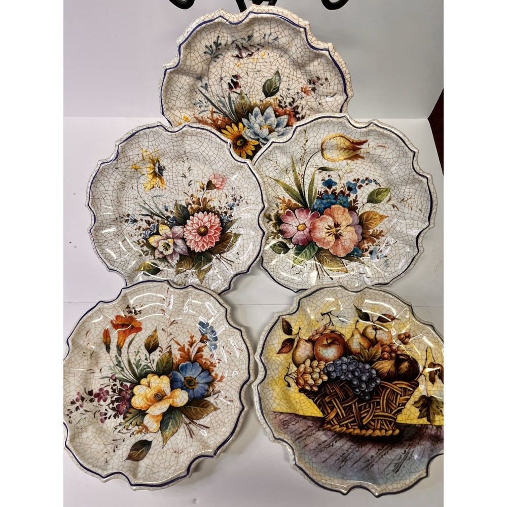 (5) Lami Italy Floral Modele Wall Decor Ruffle Edge Crackle Plates 8" Diameter